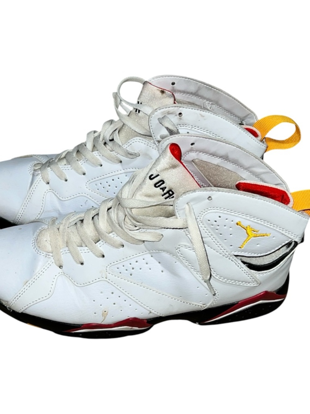 Jordan White High-Top Sneakers with Yellow and Red Accents